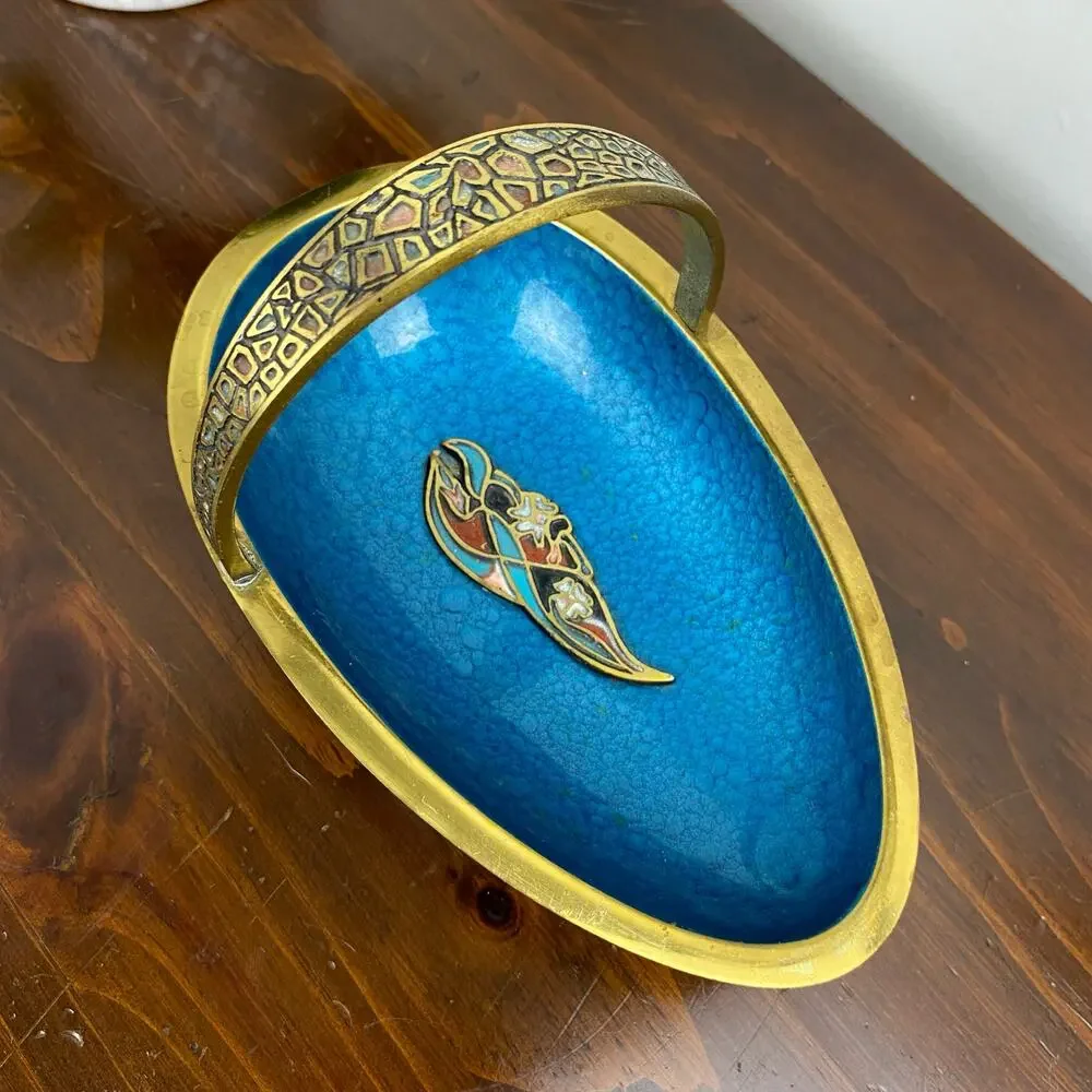 Vintage MCM Judaica Brass Blue Enamel Pedestal Bowl Handmade In Israel Decor